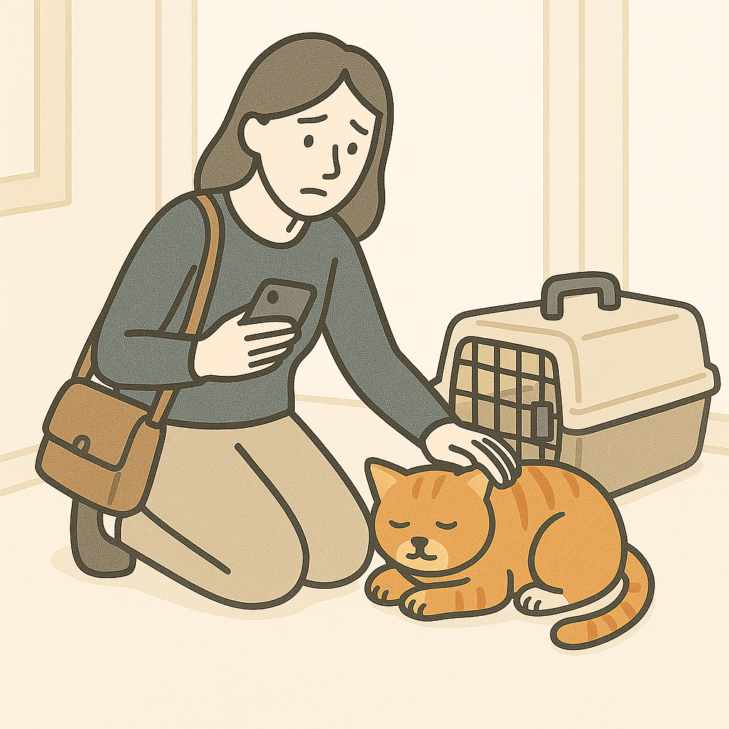 Person gently touching cat with report preview